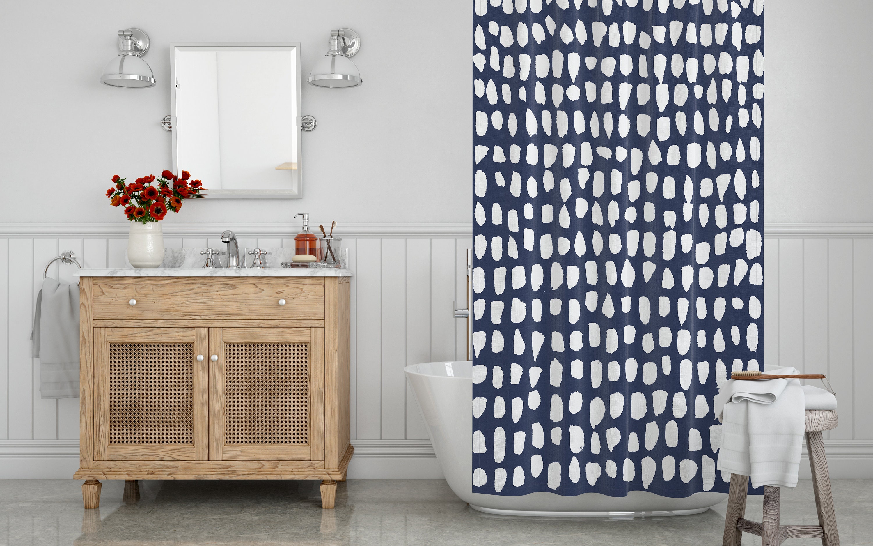 Navy Dots Shower Curtain Mid Century Modern Farmhouse Shower Etsy
