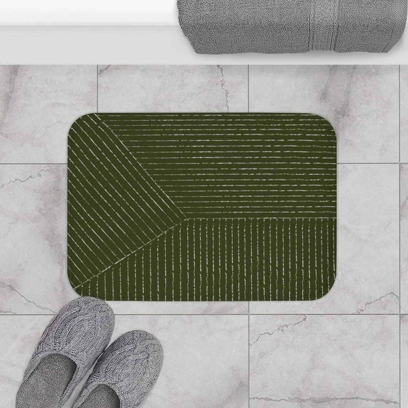 Aesthetic Olive Green Lines Bath Mat Modern Minimalist Bath Etsy