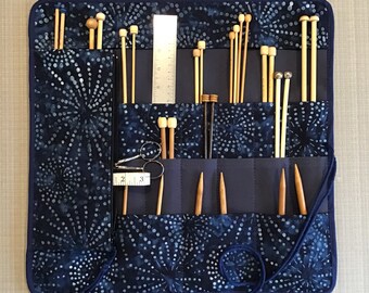 Knitting Needle Case Organizer with Zipper Pouch, Batik Knitting Needle Storage Roll, Knitting Supplies & Tools, Knitting Gift, Gift for Her