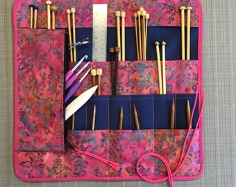 Knitting Needle Case Organizer with Zipper Pouch, Batik Knitting Needle Storage Roll, Knitting Supplies & Tools, Knitting Gift, Gift for Her