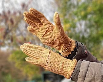 Crochet Cotton Gloves | Mustard Handmade | Brown Fall Winter Unique Lace Evening Gift