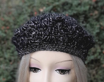 Elegant Black Crochet Lace Beret | Slouchy Wool Hat for Women | French Style Vintage Cap