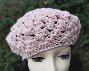 Elegant Pink Crochet Lace Beret | Slouchy Wool Hat for Women | French Style Vintage Cap