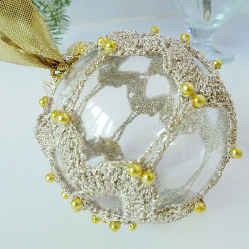 Handmade Crochet Christmas Ball Decorative Glass Bauble zdjęcie 2