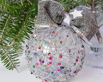 Handmade Crochet Christmas Ball | Decorative Glass Bauble |  Holiday Ornament