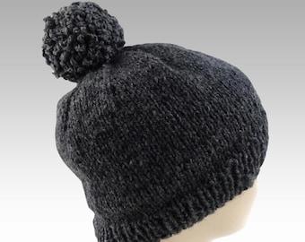 Gray Wool Beanie | Mens Slouchy Hat with Pompom