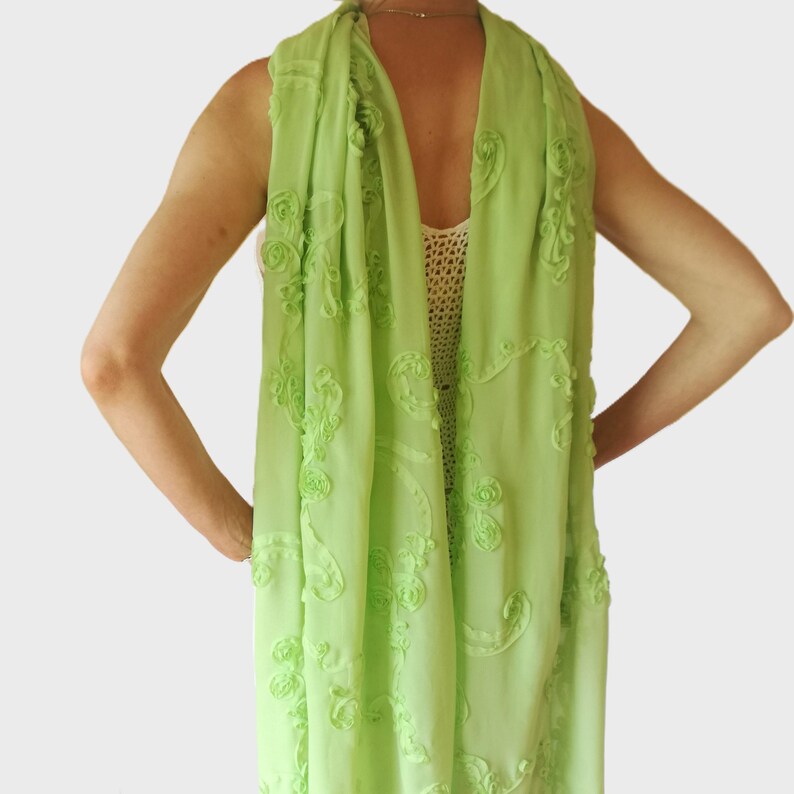 Embroidered Green Chiffon Shawl hangs loosely on the model