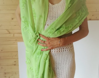 Elegant Green Chiffon Shawl with Intricate Embroidery | Perfect for Summer Styling