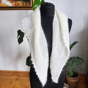 Handcrafted Ecru Triangle Scarf - Luxurious Mohair & Silk Blend Wrap for Elegant Warmth, Soft Knitted Gift for Her