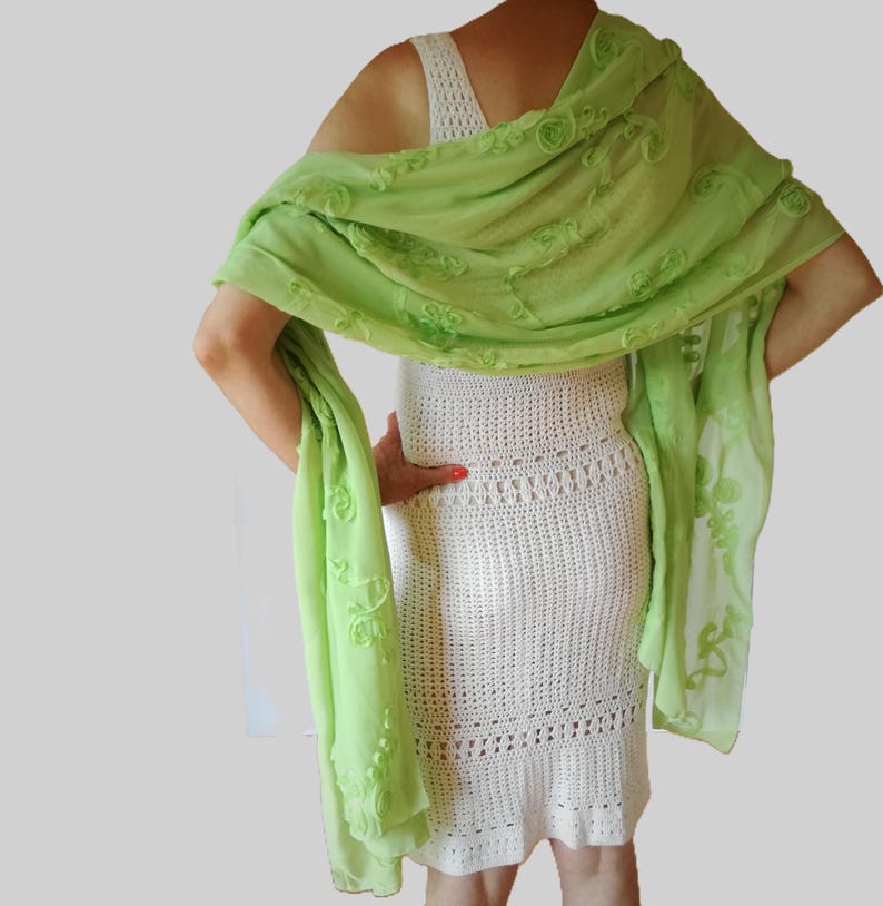 Embroidered Green Chiffon Shawl hangs loosely on the model's back