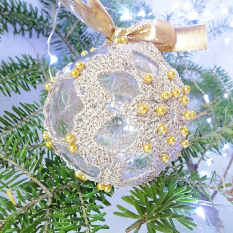 Handmade Crochet Christmas Ball Decorative Glass Bauble zdjęcie 9