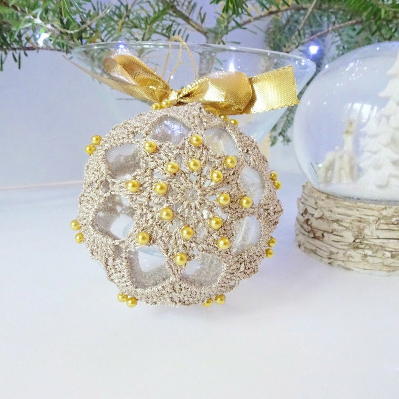 Handmade Crochet Christmas Ball Decorative Glass Bauble zdjęcie 6