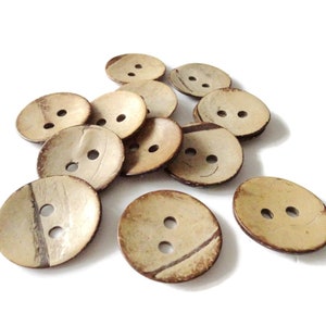 Könnte beinhalten: Eine Sammlung von 12 natürlichen Kokosnussschalenknöpfen mit jeweils zwei Löchern. Die Knöpfe sind hellbraun mit dunkleren braunen Streifen.
