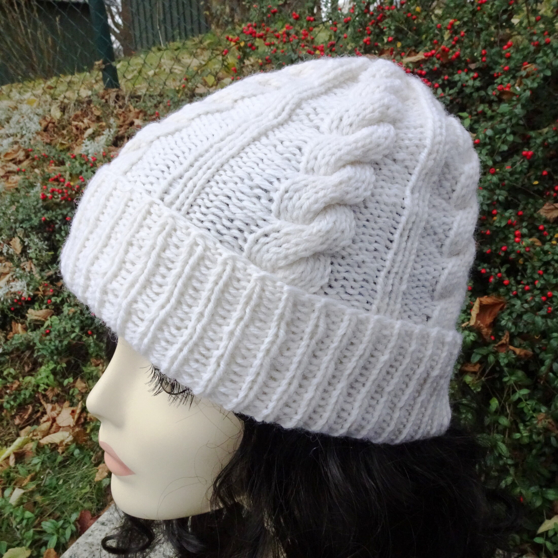 Woolen Cap With Braids in Ecru Color 