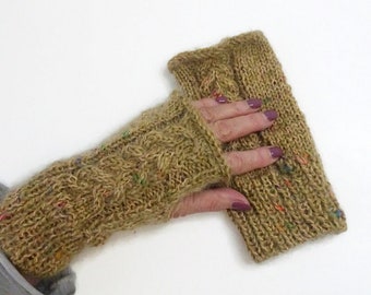 Beige Fingerless Mittens: Handmade Brown Wool Knit |  Romantic Women's Winter Accessory