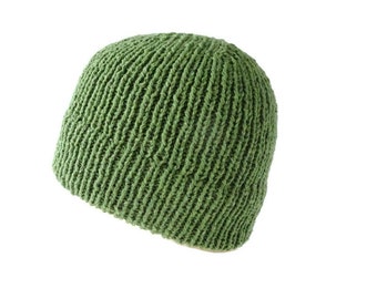 Men's Green Slouchy Beanie | Handknit Wool Hat | Winter Headwear for Him