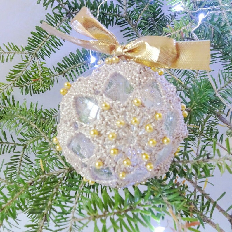 Handmade Crochet Christmas Ball Decorative Glass Bauble zdjęcie 8