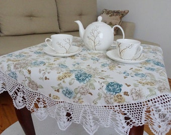 Round Cotton tablecloth with crochet lace | small tablecloth
