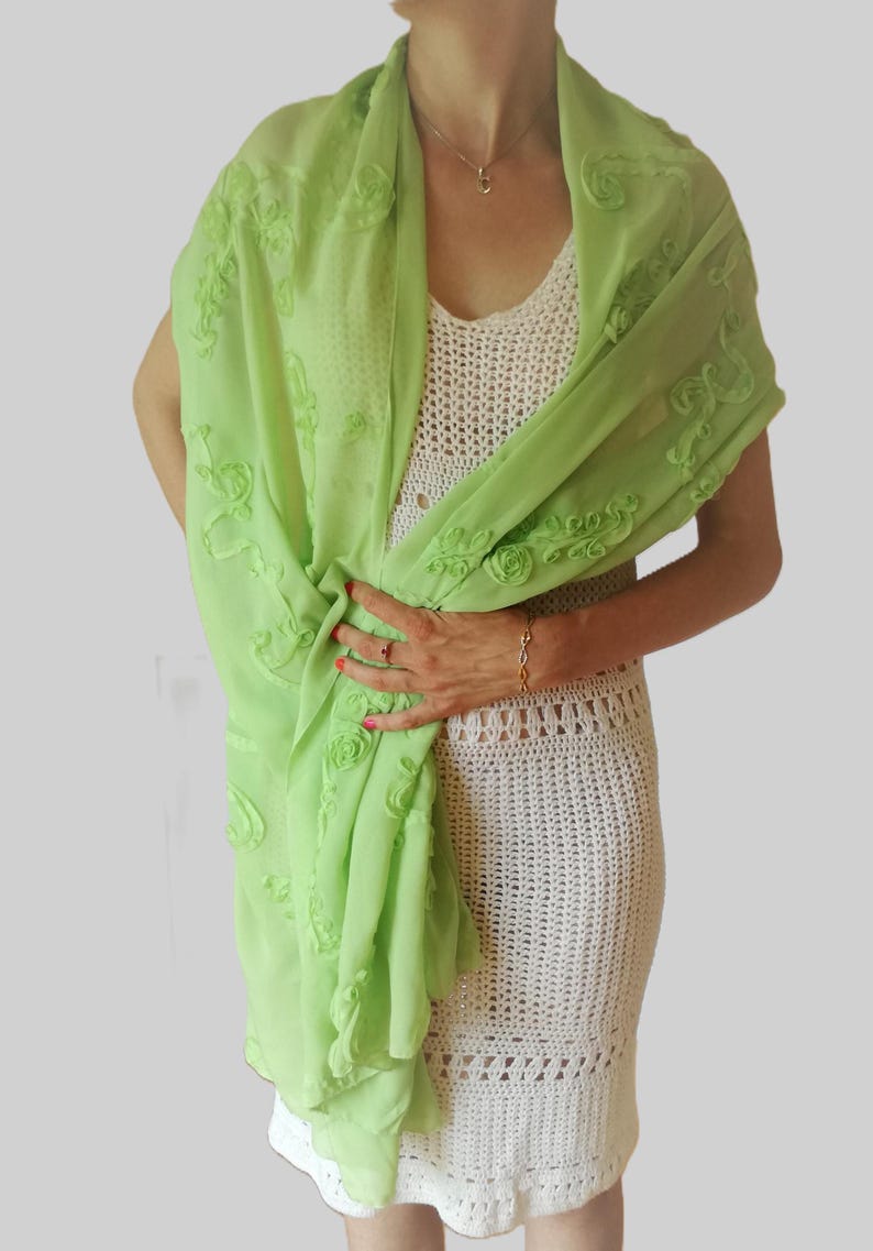 Embroidered Green Chiffon Shawl on model's shoulders