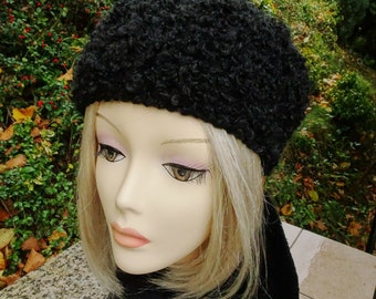 Handmade Crochet Black Beret | Wool Bucket Hat Chunky Crochet | Women's Winter Hats