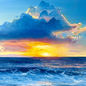 May include: A painting of a sunset over the ocean with a large blue cloud in the sky. The sun is setting behind the horizon, casting a warm glow on the water. The waves are crashing on the shore, creating a sense of movement and energy.