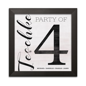 May include: A black framed sign with a white background and black text. The text reads "Party of 4" with the names "Michael, Danielle, Charlie, James" below. The word "Leschke" is written in cursive on the left side of the sign.