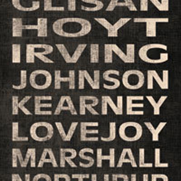 Portland, Oregon Street Typography Canvas Panel; One 8x20" Hand-Stretched Canvas