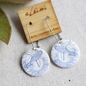 Blue Breaching Whale earrings, porcelain earrings, porcelain jewelry, surgical steel, breaching humpback whale earrings, ceramic jewellery