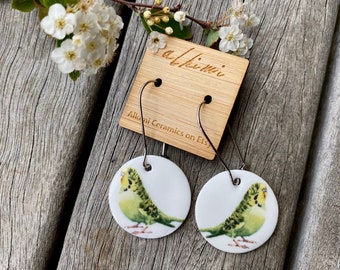 Green Budgerigar Porcelain Earrings • Budgie earrings Eco Earrings • Surgical Steel Hoops • Porcelain Earrings • Porcelain Jewelry • Gifts