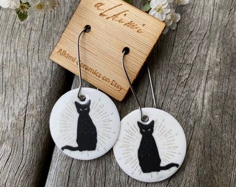 Black Cat Porcelain Earrings, handmade  porcelain earrings, porcelain jewelry, surgical steel, cat earrings.