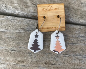 Rose Gold Christmas Tree Earrings • Handmade porcelain Earrings • Surgical Steel Hoops • Porcelain Earrings • Porcelain Jewelry • Gifts