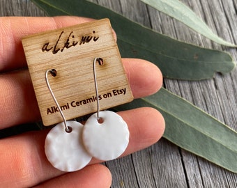 White Sand Round textured porcelain earrings, textured porcelain earrings, porcelain jewellery, ceramic jewellery