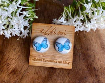 Blue Morpho Butterfly Studs • 12mm Ceramic Earrings • Every Day Stud Earrings • Ceramic Studs • blue butterfly • blue earrings