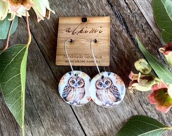 Australian Boobook Owl Earrings - Handmade Porcelain Jewelry - Native Birds - Surgical Steel Hoop Earrings - Gift Idea Women Girl