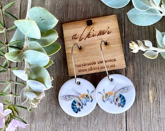 Australian Blue Banded Bee Earrings • Australian  Native Earrings • Surgical Steel Hoops • Porcelain Earrings • Porcelain Jewelry • Gifts