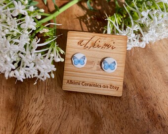 Tiny Blue Morpho Butterfly Studs • 7mm Ceramic Earrings • Every Day Stud Earrings • Ceramic Studs • blue butterfly • blue earrings