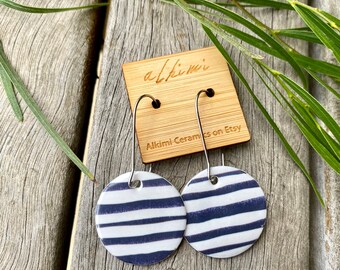 Nautical Porcelain Earrings • Blue stripe Porcelain Jewelry • Ceramic Jewellery • Surgical Steel • Navy Sea • Beach Jewelry