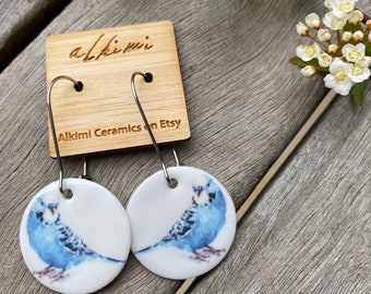 Budgerigar Porcelain Earrings • Budgie earrings Eco Earrings • Surgical Steel Hoops • Porcelain Earrings • Porcelain Jewelry • Gifts