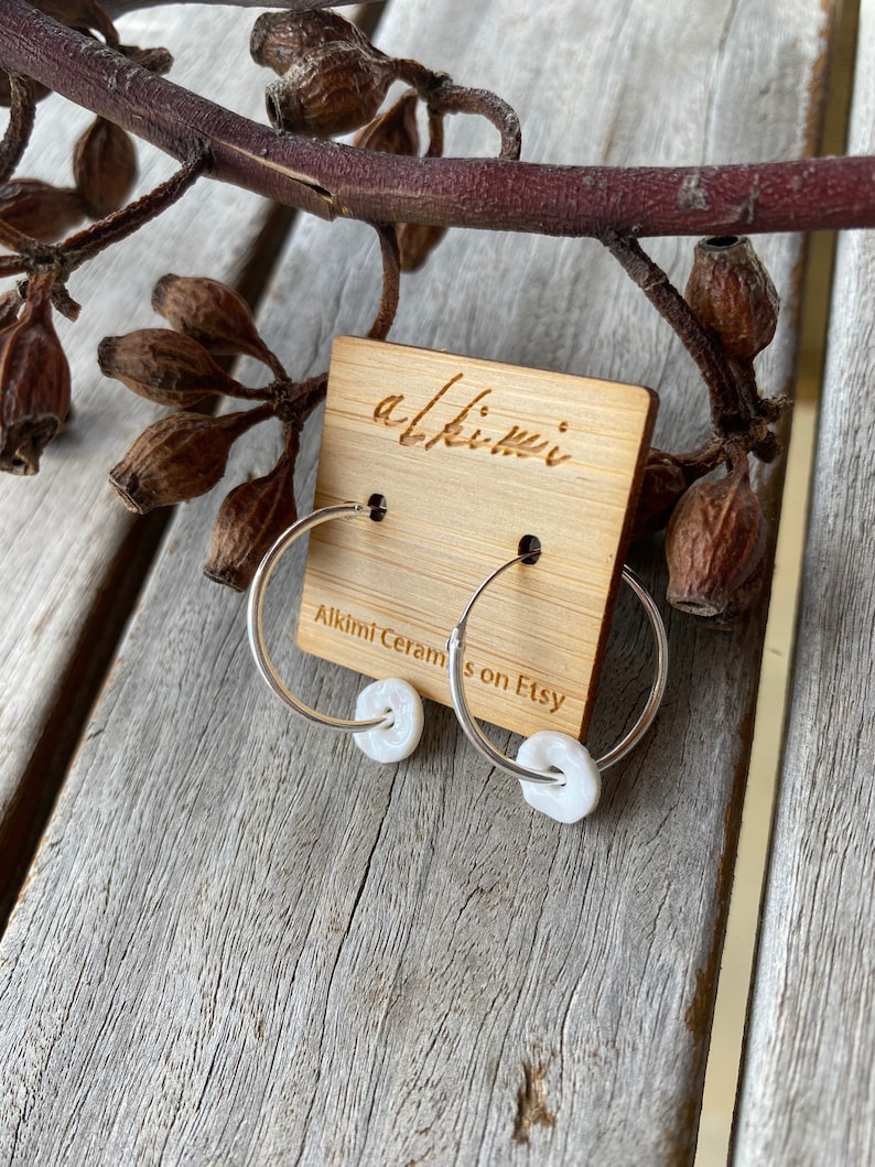 Stirling Silver porcelain dot hoop earrings textured porcelain pendants on 925 Stirling Silver 2cm hoops. Made in Australia, beach boho image 2