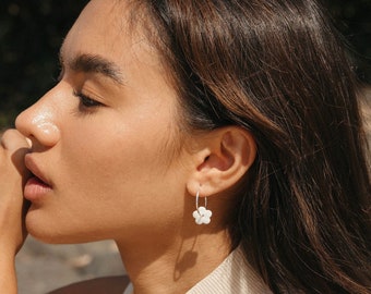 Stirling Silver porcelain flower hoop earrings - textured porcelain flowers on 925 Stirling Silver 2cm hoops. Made in Australia, beach boho