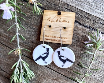 Australian Magpie Earrings - Handmade Porcelain Jewelry - Native Birds - Surgical Steel Hoop Earrings - Gift Idea Women Girl