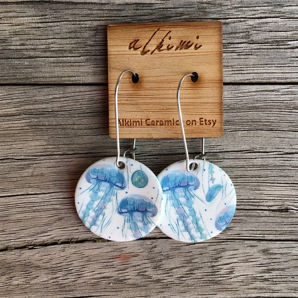 Jellyfish Porcelain Earrings • Ocean Creature Porcelain Jewelry • Ceramic Jewellery • Surgical Steel • Navy Sea • Beach Jewelry