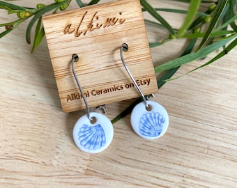 Tiny Seashell porcelain earrings  | Small 12mm circle  Hoop Dangles | Minimalist boho | nature | Earrings for Girls | Free Shipping