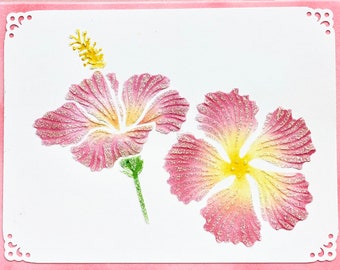 Pink Hibiscus - handmade card - keepsake - custom lined envelope - A2 (4.25 in x 5.5 in)
