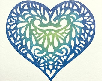 Filigree Heart - Valentine - blue aqua green hand printed card - keepsake - custom lined envelope - A2 (4.25 in x 5.5 in)