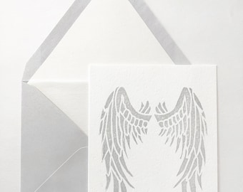 Shimmering Silver Angel Wings - hand printed card - keepsake - custom lined envelope - A2 (4.25 in x 5.5 in)