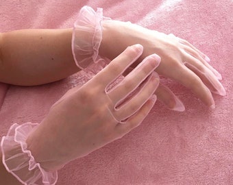 Dainty Pastel Pink Sheer Mesh Gloves with Ruffled Trim