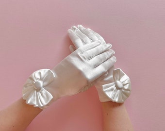 Satin Ivory White Gloves with Ruffled Flower and Button, Elegant Short Length Gloves