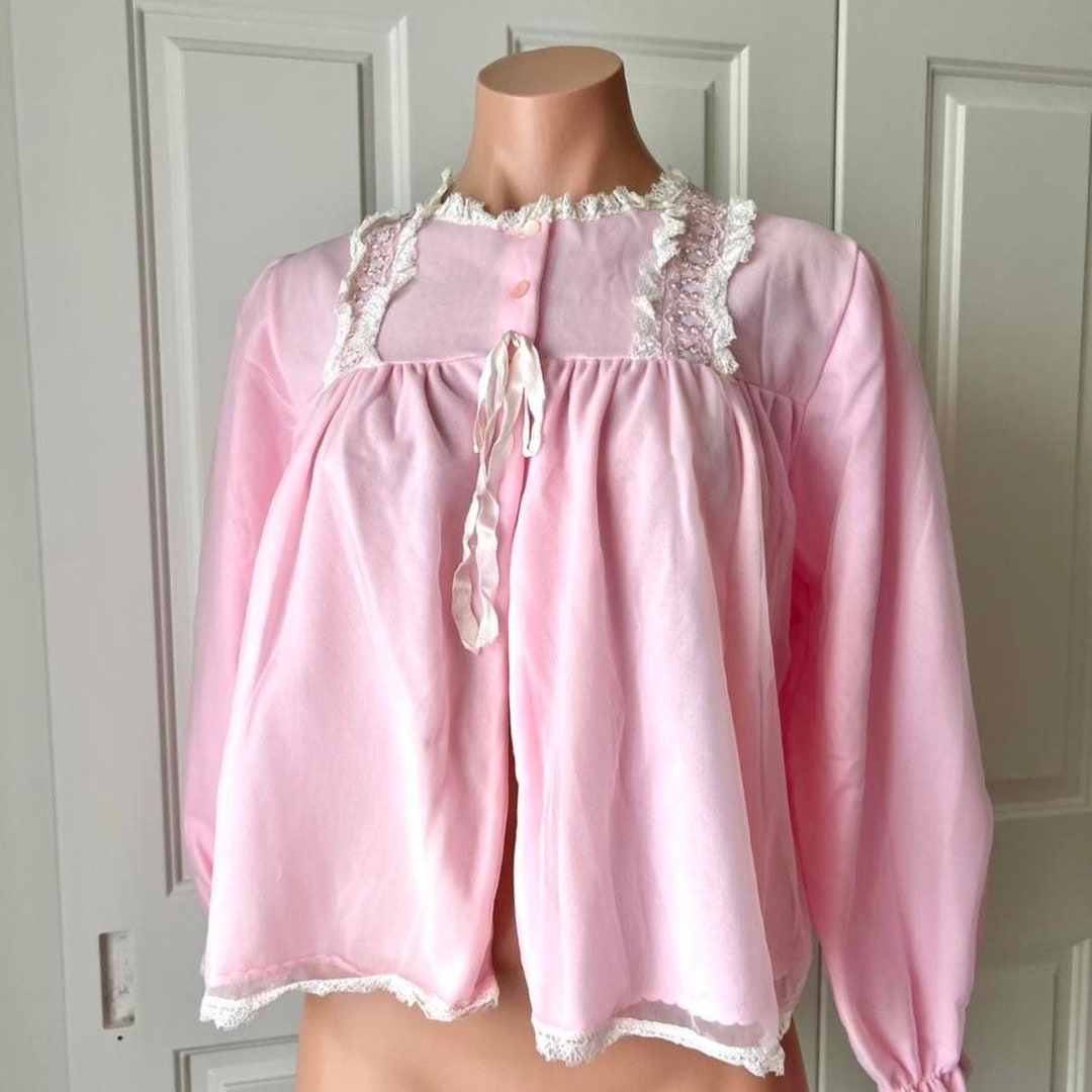 Vintage Pink Bed Jacket Bed Coat, Cream Lace Detailing and Embroidered