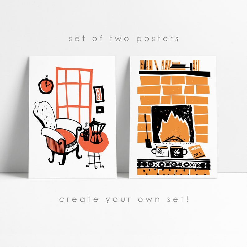 Poster A3 Home Set Of Two Posters Line Art Decor Wall Orange Prints Graphic Sketch